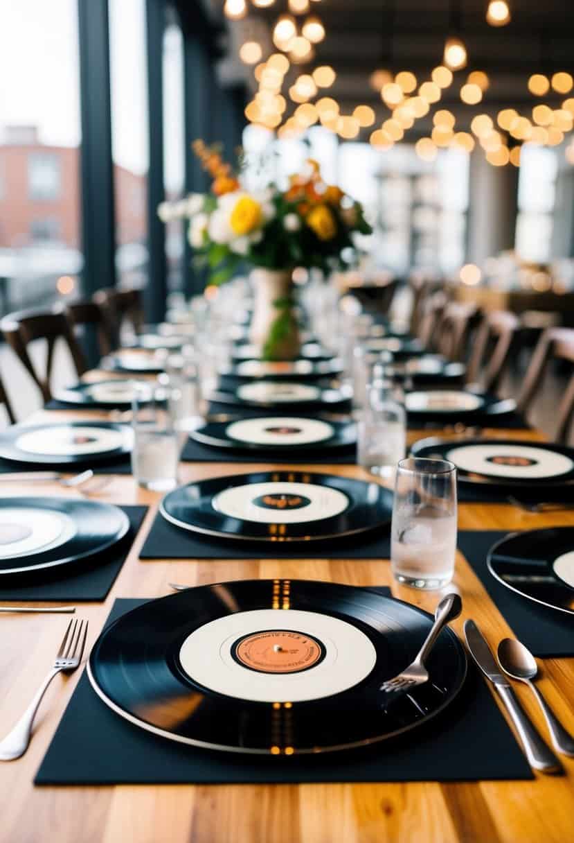 A table set with retro vinyl record placemats, surrounded by urban wedding decor