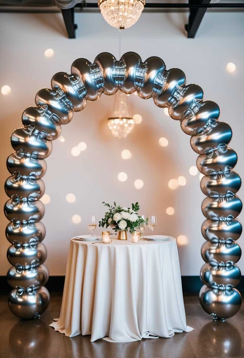 A metallic balloon arch frames a modern urban wedding table