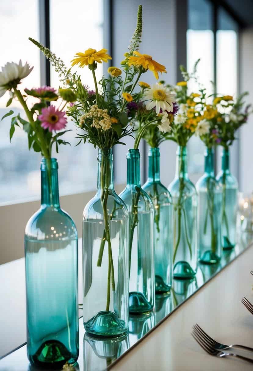 Clear wine bottles repurposed as vases, filled with wildflowers, arranged on a modern urban wedding table