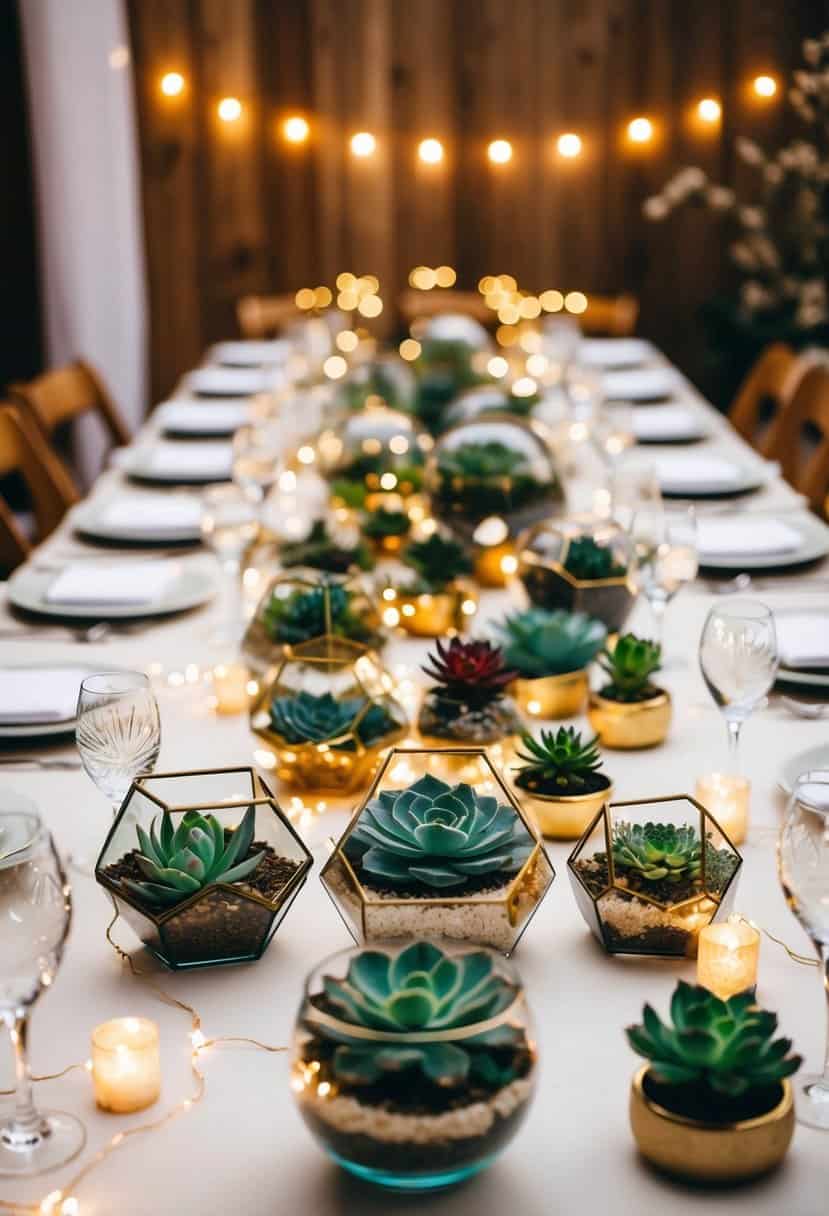 A variety of succulent terrariums arranged on a wedding table, surrounded by delicate fairy lights and small decorative elements