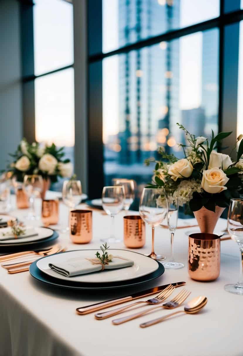 A copper cutlery set arranged on a modern urban wedding table with sleek, minimalist decor and elegant floral centerpieces
