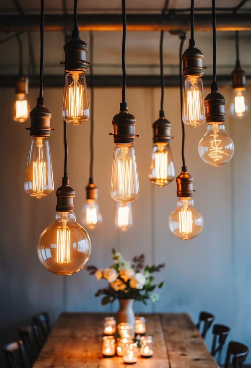 Several Edison bulbs of varying sizes and shapes hang at different heights above a rustic wooden table, casting a warm, ambient glow on the unusual wedding decorations