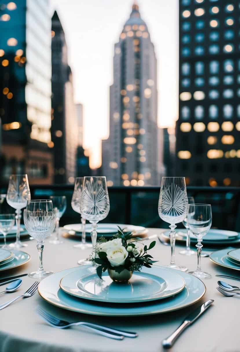 An elegant table set with Art Deco glassware and urban-inspired wedding decor