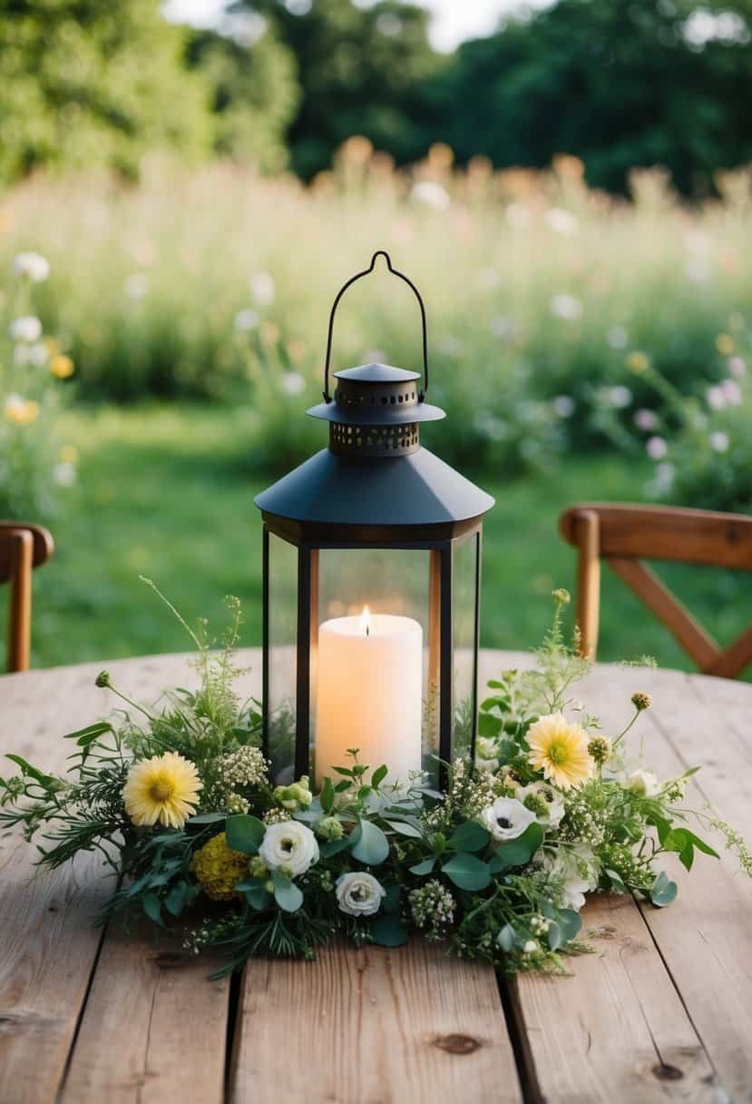 A rustic lantern sits atop a wooden table, surrounded by greenery and wildflowers, creating an unusual and charming wedding centerpiece