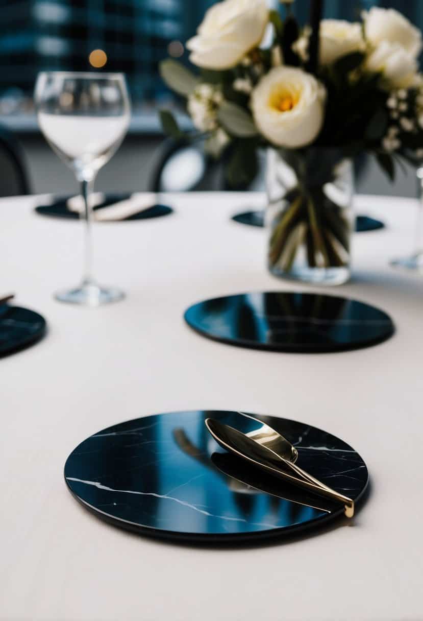 A sleek marble coaster set sits on a modern urban wedding table, adding a touch of sophistication to the decor