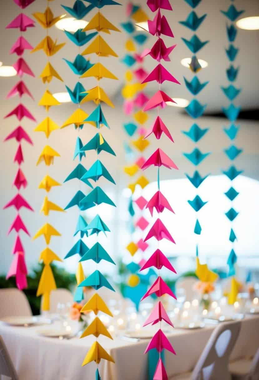 Colorful origami crane garlands hang from the ceiling, creating a whimsical and unique wedding table decoration