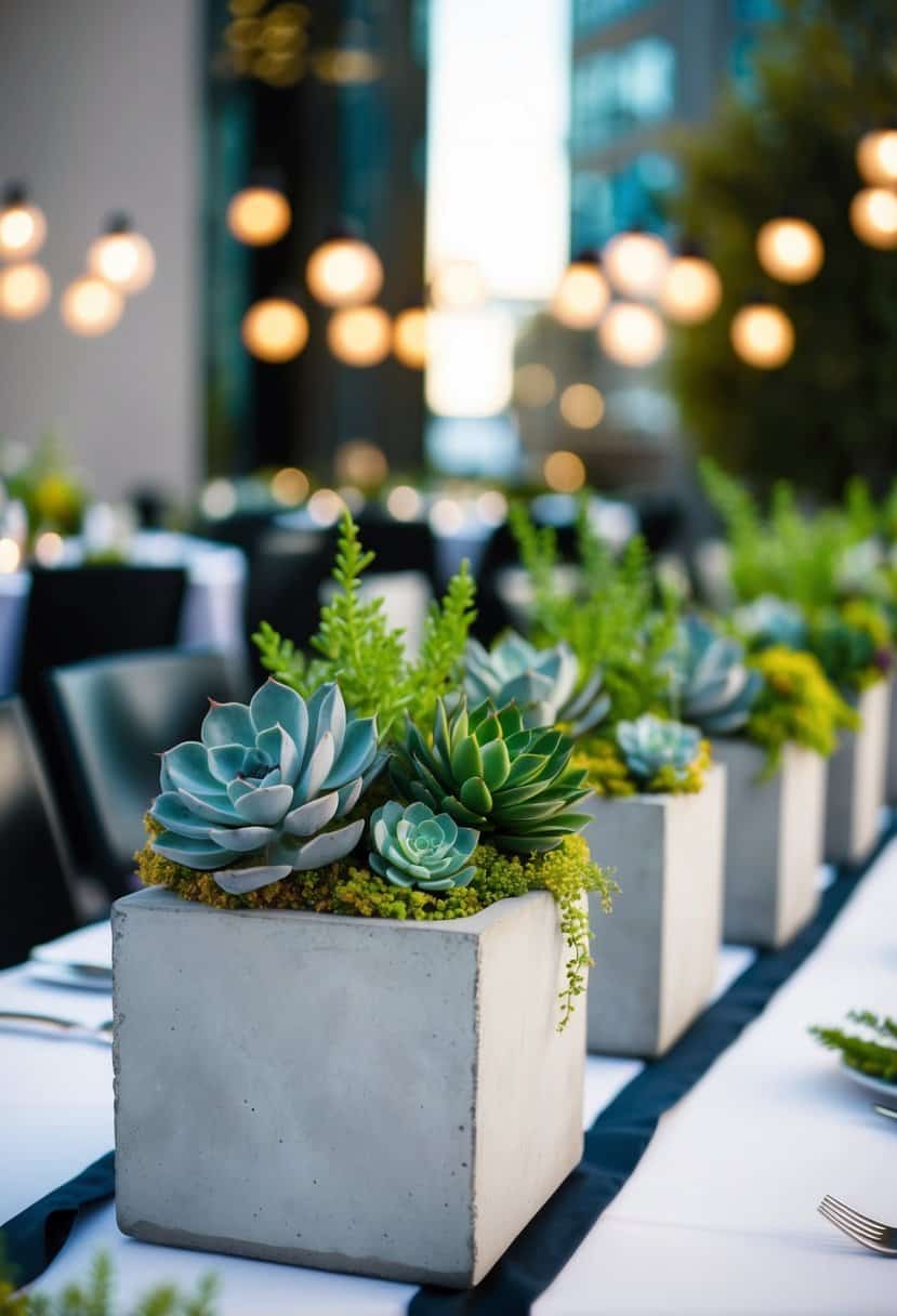 Concrete planters filled with succulents and greenery arranged as centerpieces on a modern urban wedding table