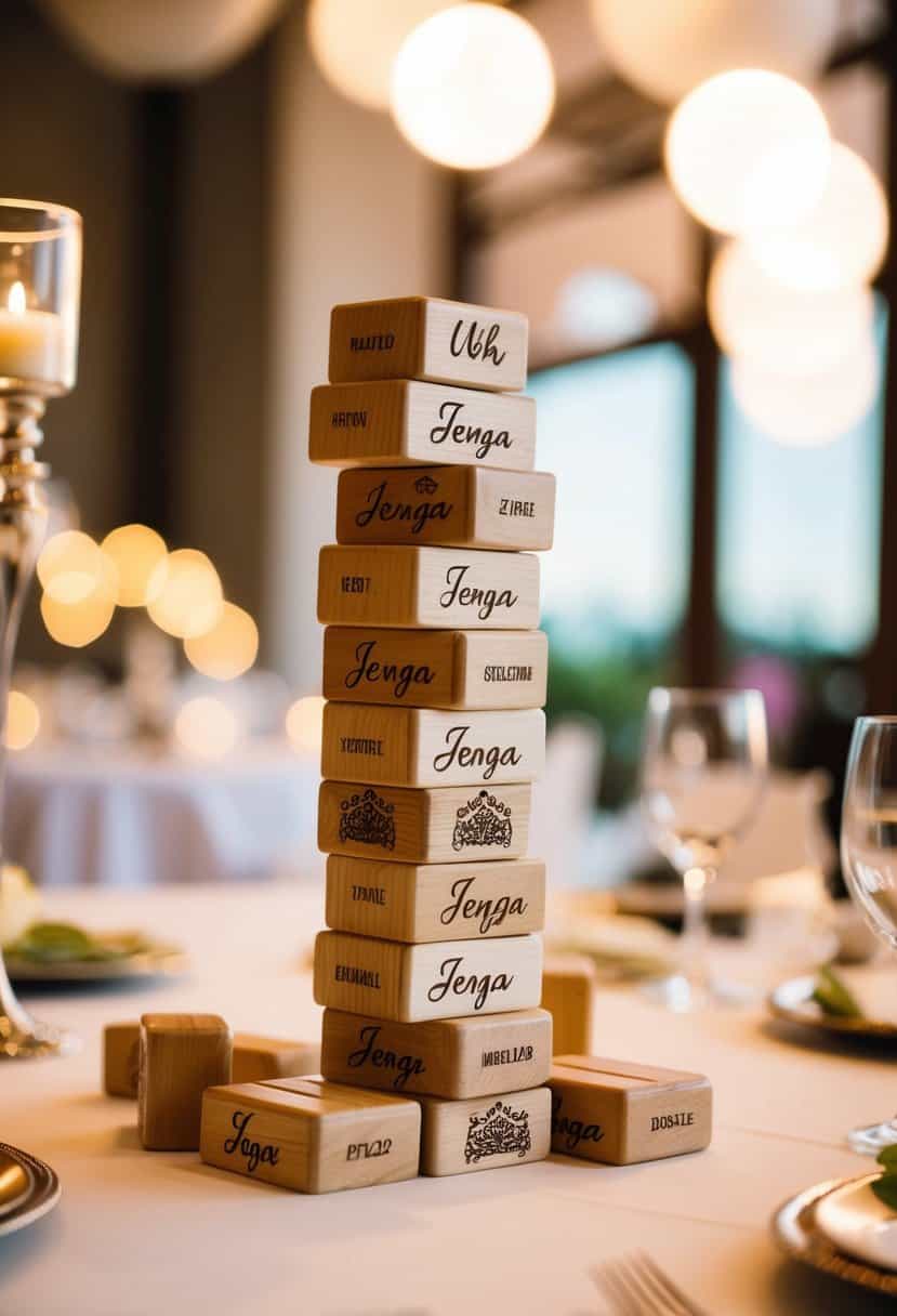 A stack of Jenga blocks with personalized engravings, arranged as a unique wedding table decoration
