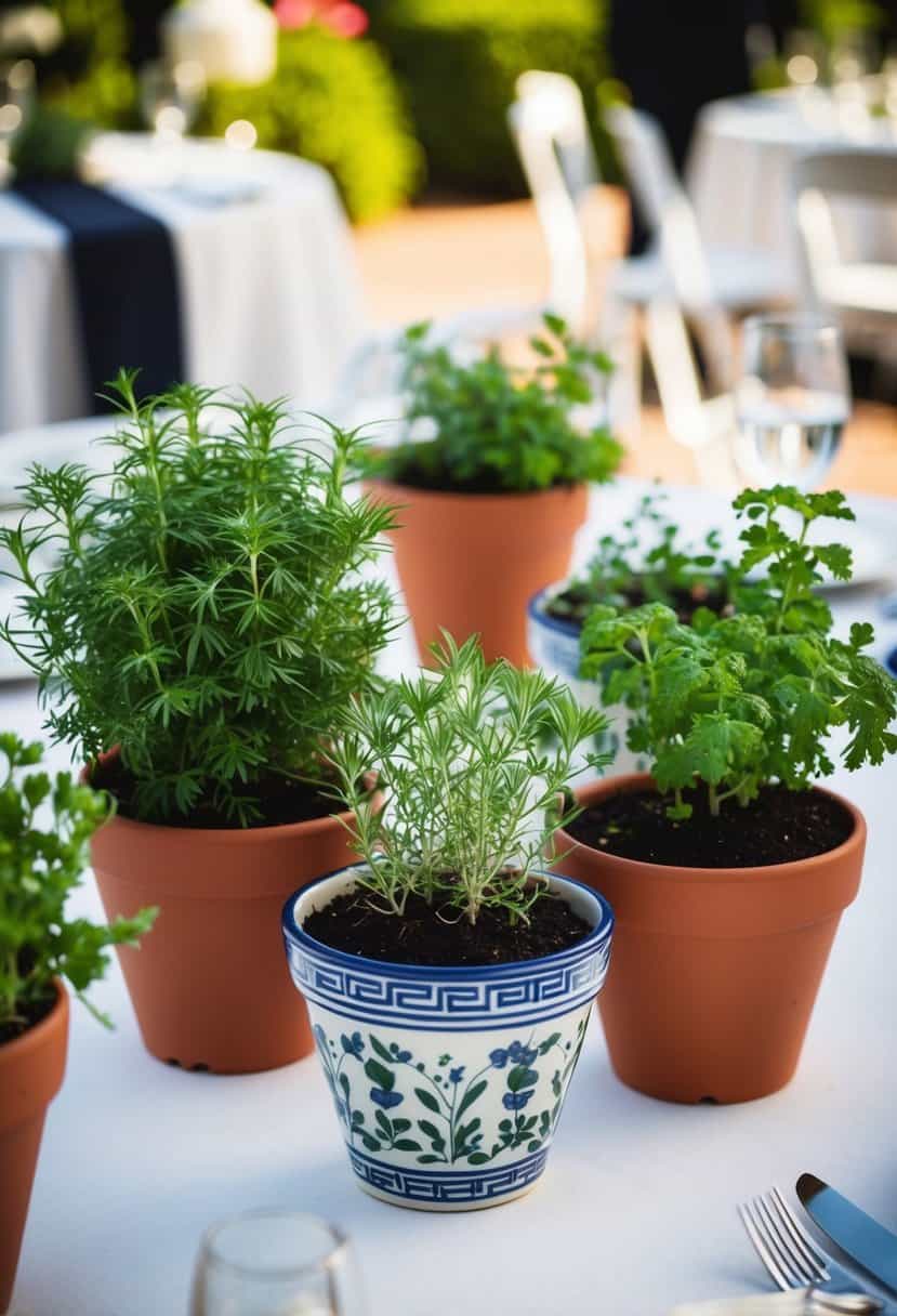A small herb garden in decorative pots arranged on a wedding table