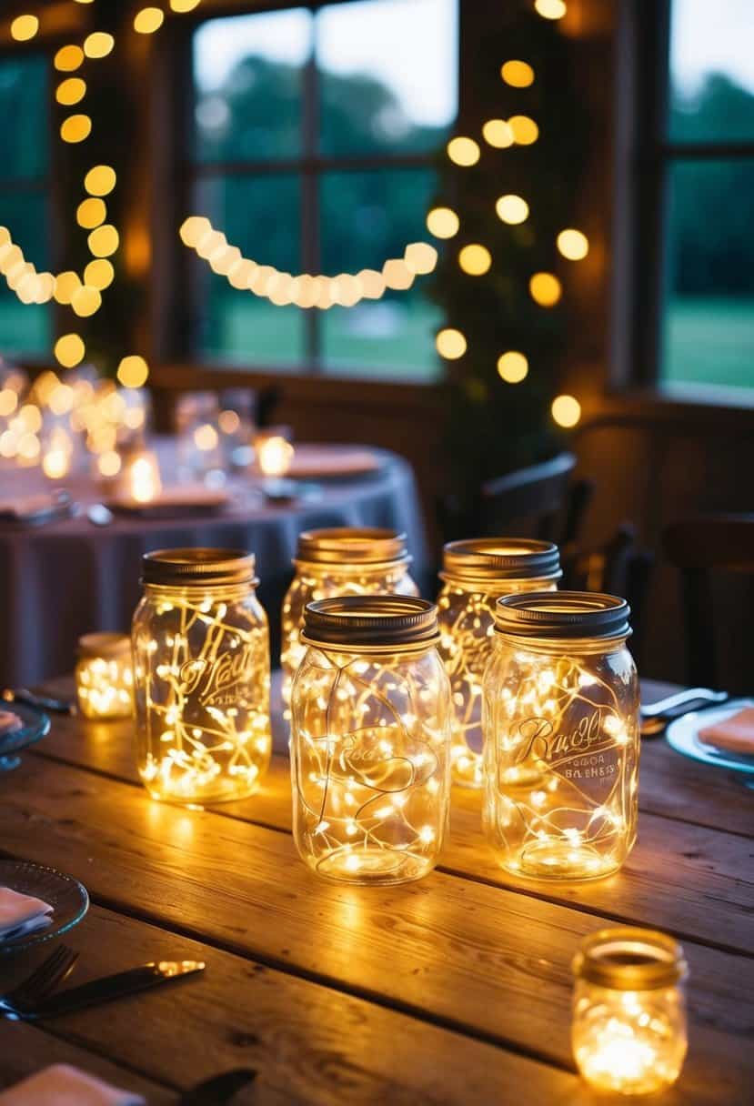 Mason jars filled with fairy lights illuminate rustic wedding tables