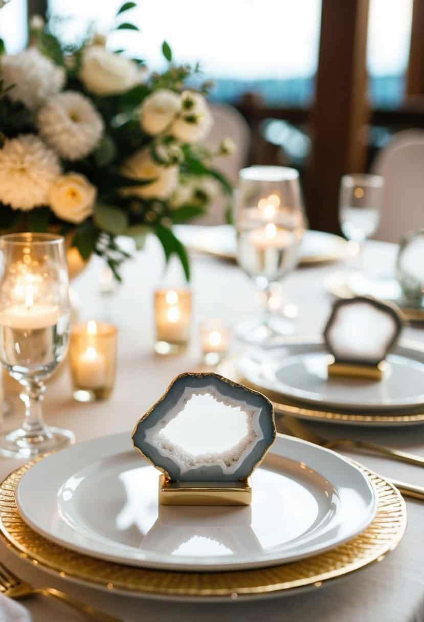 A table set with geode place card holders, sparkling in the soft light, adding a touch of elegance to the wedding decor