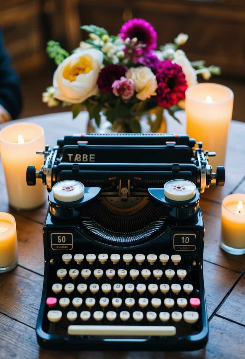 A vintage typewriter sits on a wooden table, each key adorned with a table number, surrounded by flowers and candles