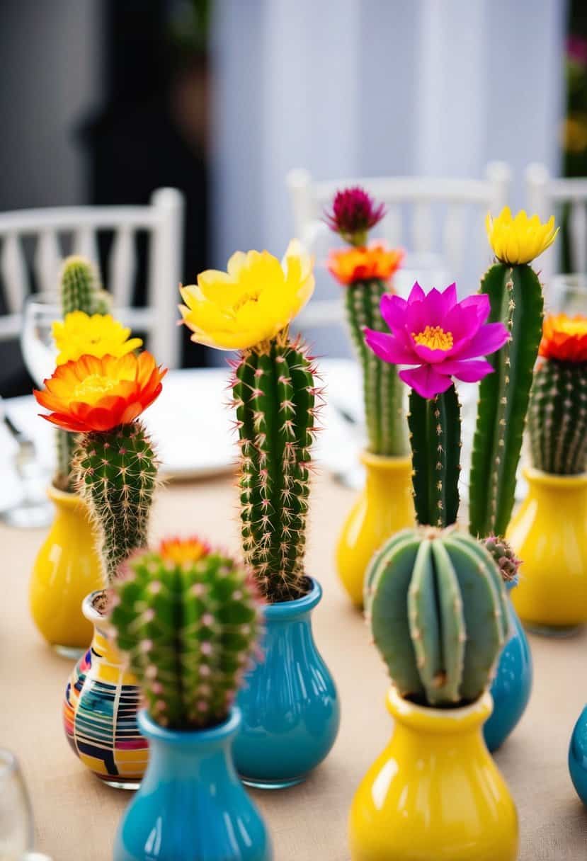 Several petite cactus vases arranged on a wedding table, with colorful blooms and succulents creating an unusual and eye-catching centerpiece