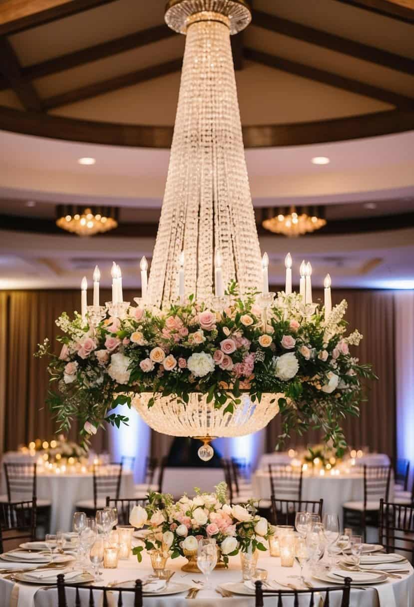 A grand floral chandelier suspended above a beautifully decorated head table at a wedding reception
