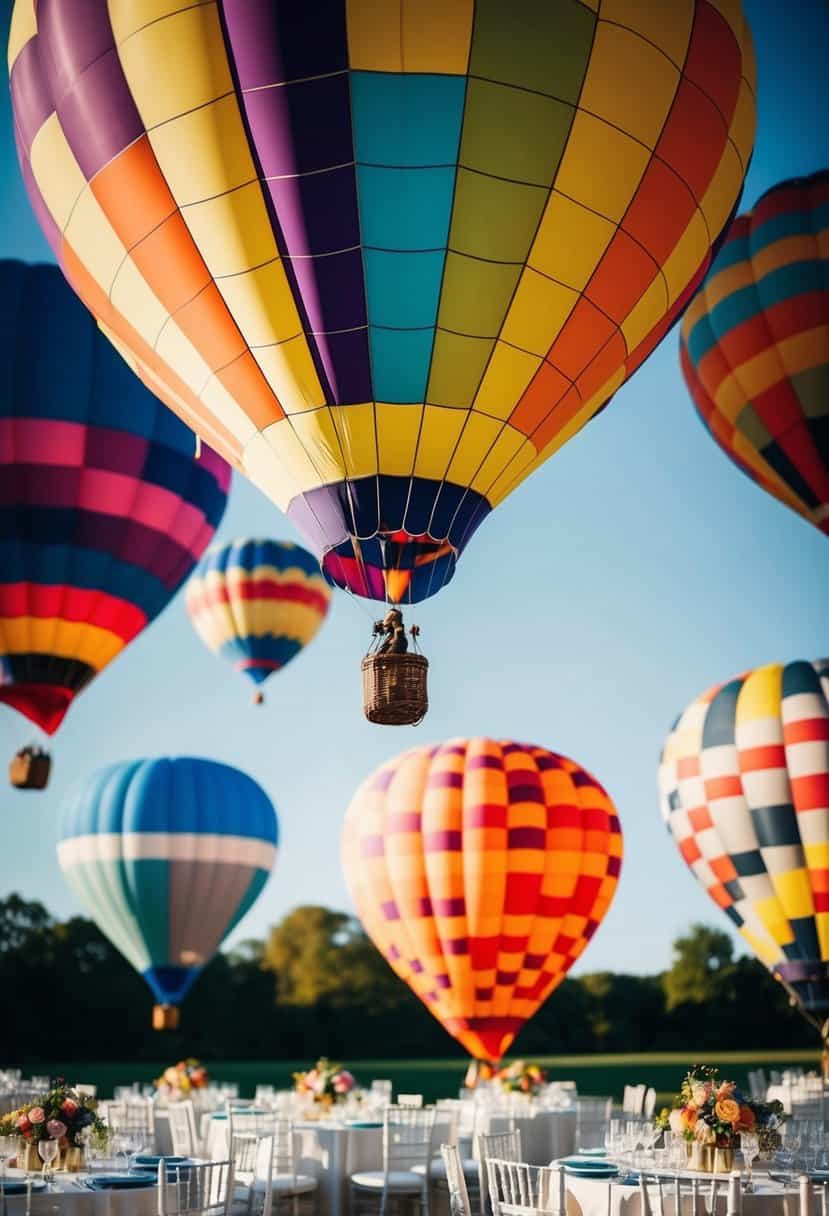 Colorful hot air balloons hover above wedding tables, adding a whimsical touch to the celebration