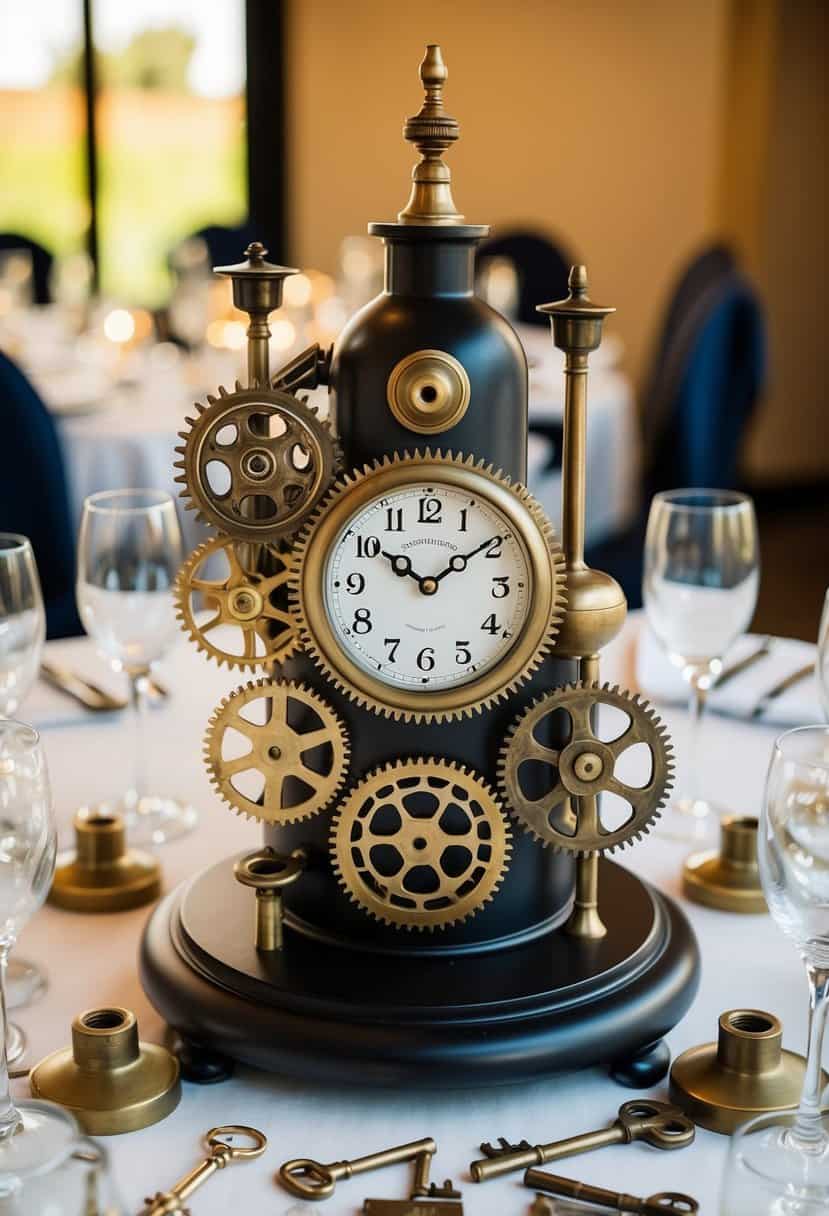 A steampunk clock adorned with gears and cogs serves as a unique centerpiece for a wedding table, surrounded by antique keys and brass accents