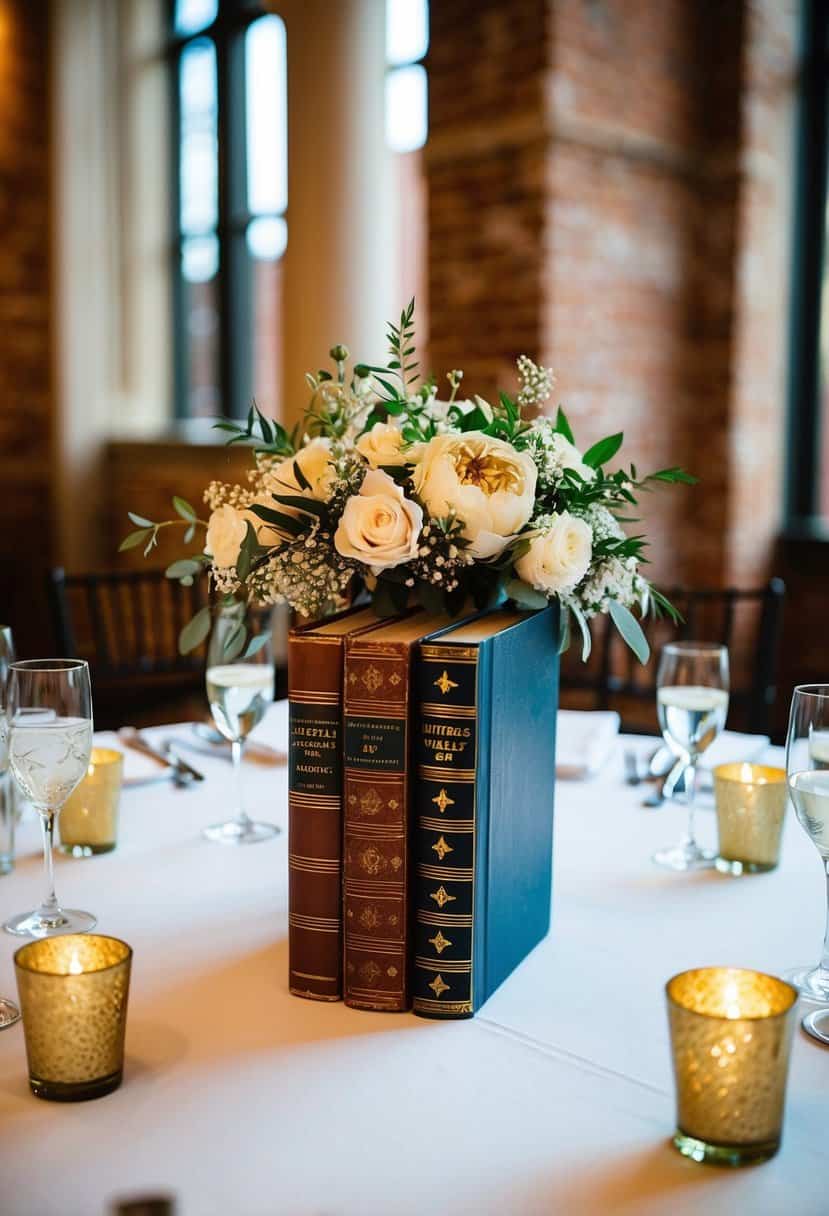 A vintage books centerpiece adorns the head table, adding a unique and nostalgic touch to the wedding decoration
