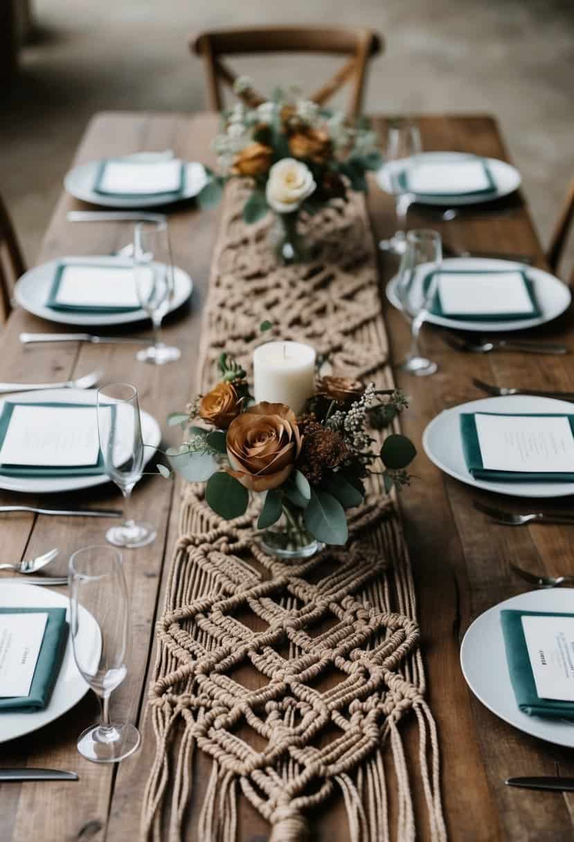 A rustic wooden table adorned with intricately knotted macrame table runners in muted earth tones, creating a unique and elegant wedding decor