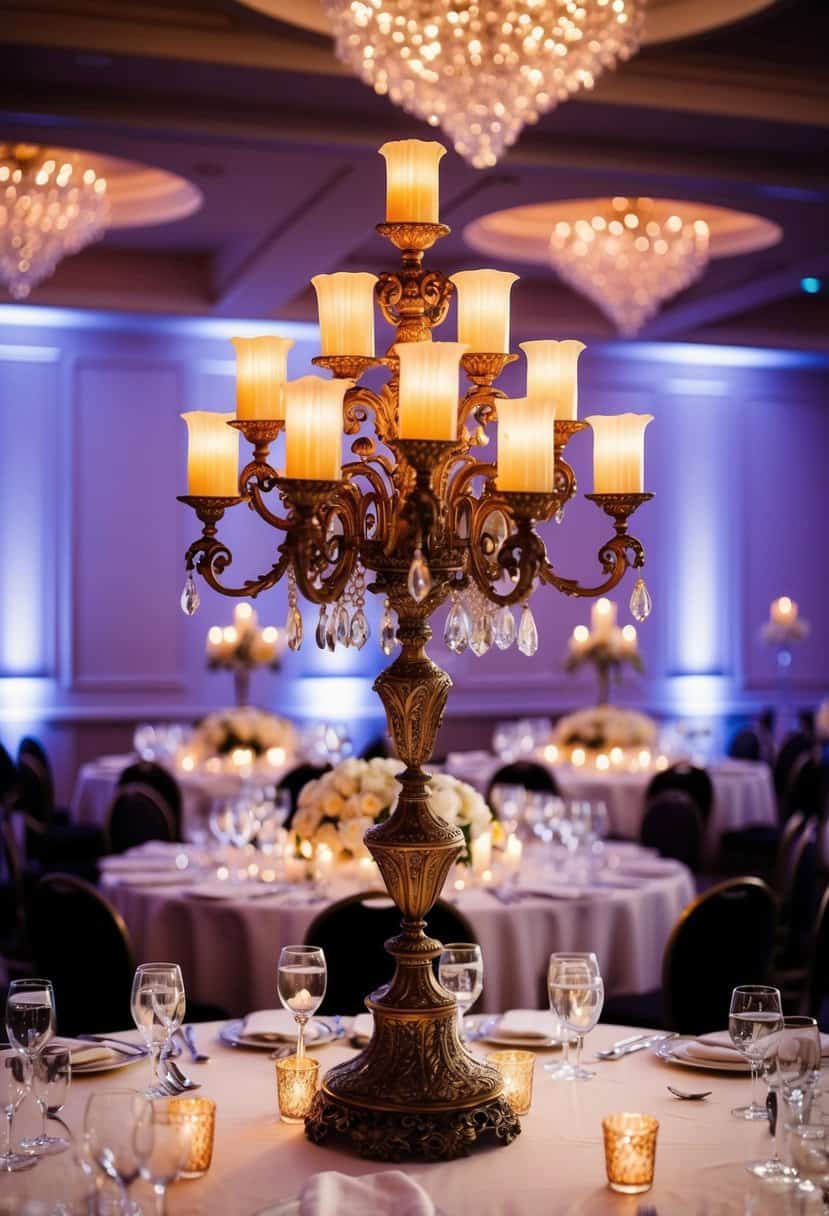 An ornate antique candelabra centerpiece adorns a lavish head table at a wedding reception, casting a warm glow over the elegant setting