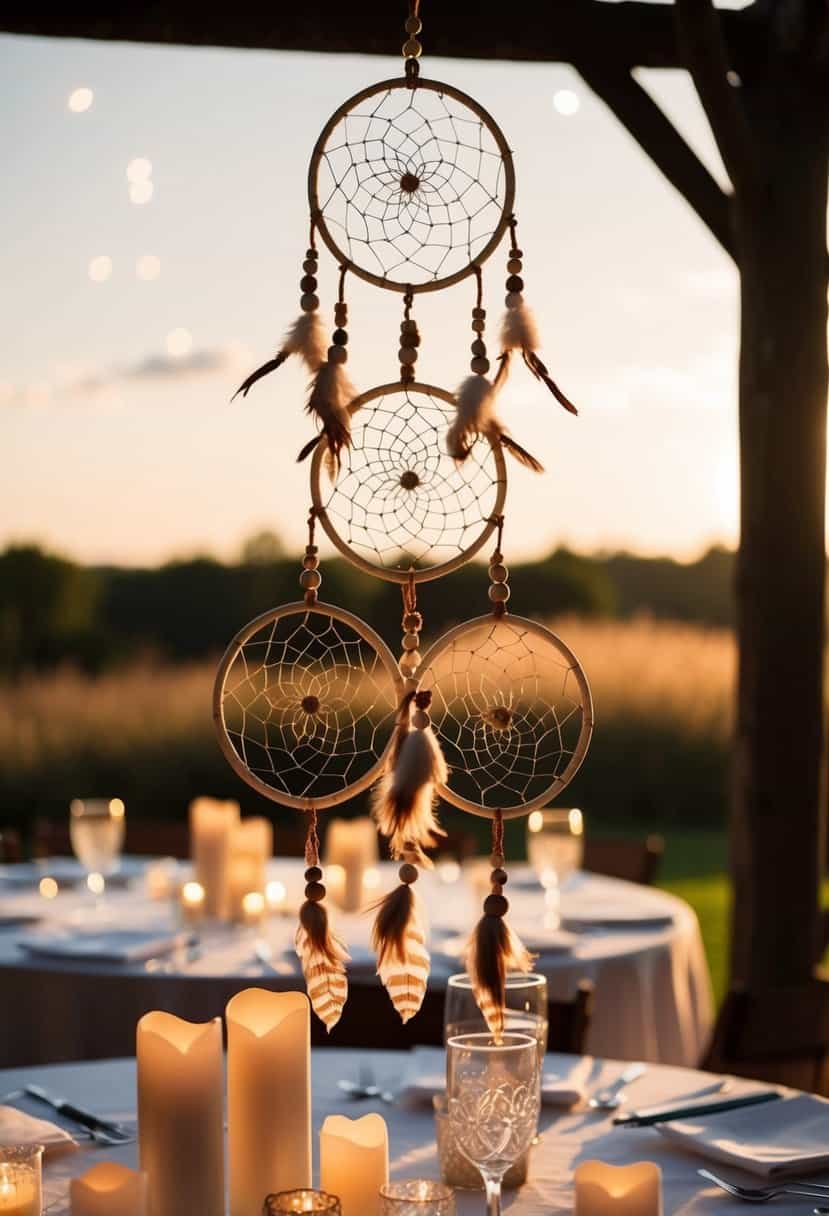 Dreamcatchers suspended above rustic wedding tables, casting intricate shadows in soft candlelight