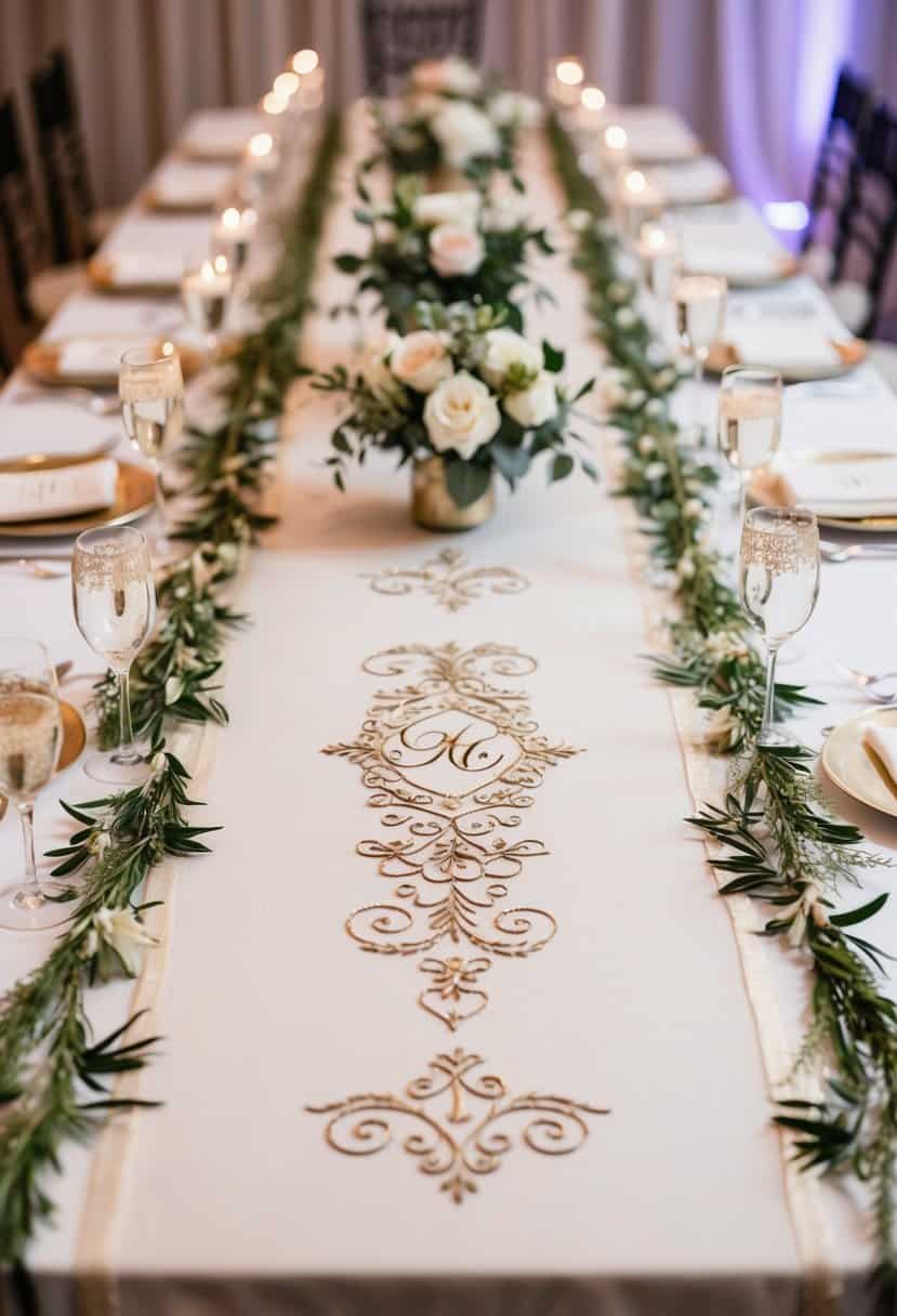 A long, elegant table runner featuring intricate embroidery and the couple's initials, adorning the head table at a wedding reception