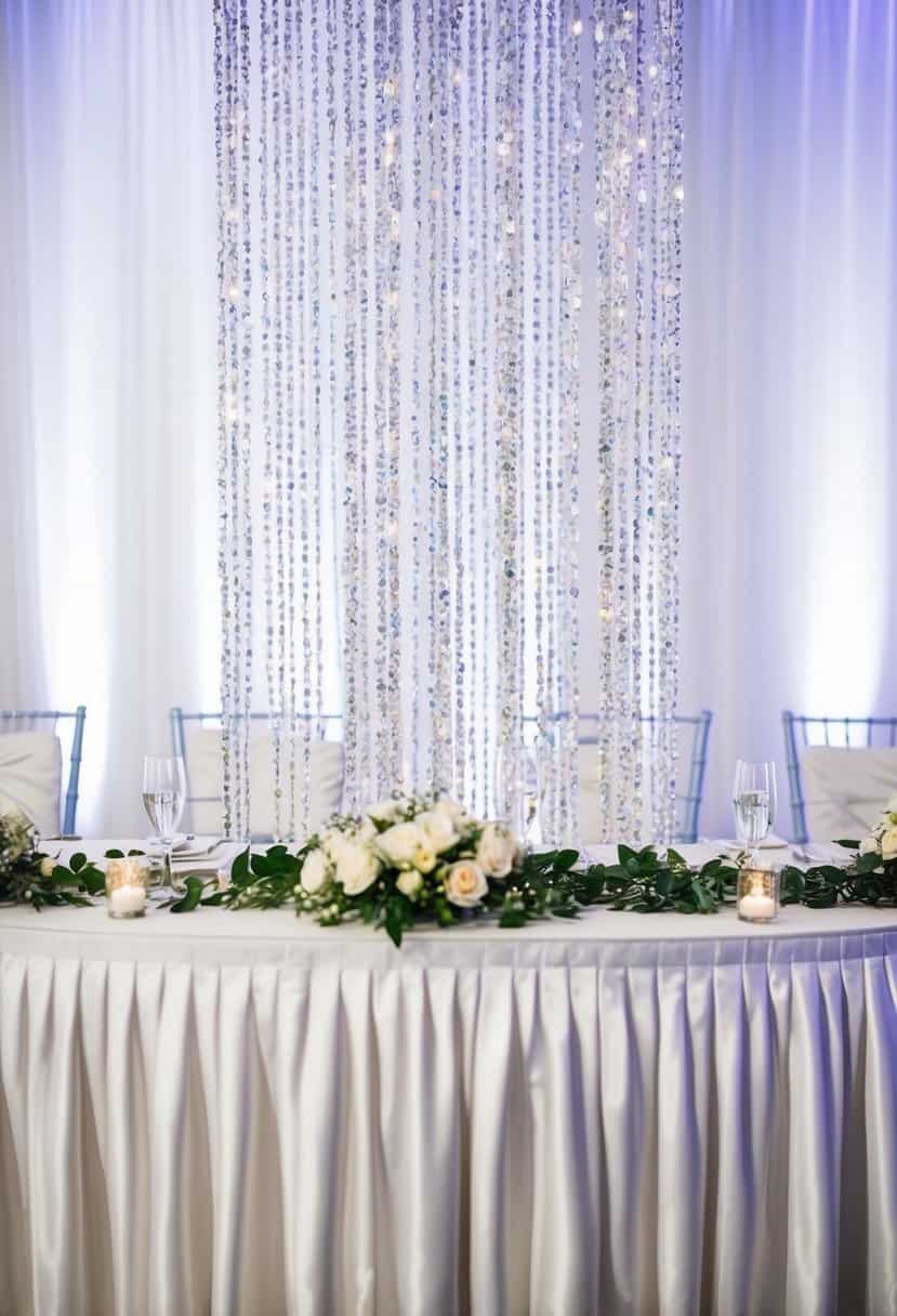 A head table at a wedding adorned with a shimmering crystal bead curtain cascading down like a waterfall, creating a unique and elegant decoration