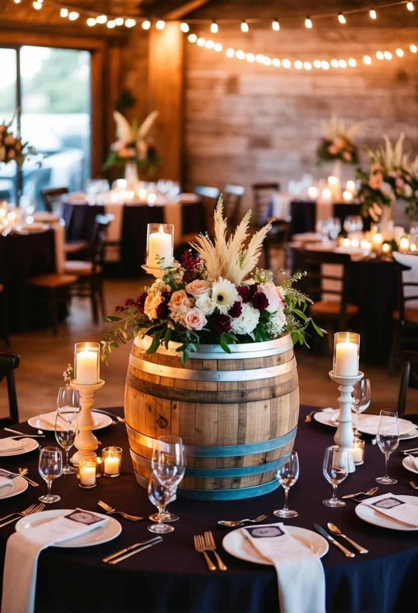 A rustic wine barrel adorned with flowers and candles serves as a unique head table wedding decoration