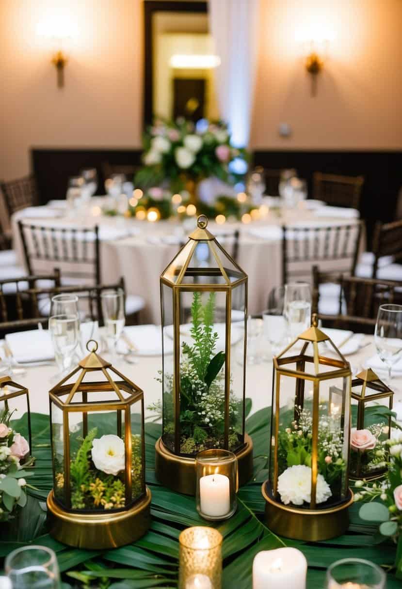 A cluster of brass terrariums filled with lush greenery and delicate flowers, arranged as a centerpiece on a beautifully set head table at a wedding reception