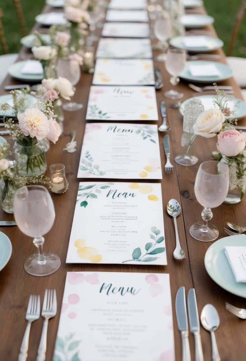 Soft pastel watercolor menus arranged in a U-shape on a wedding table, surrounded by delicate floral decorations