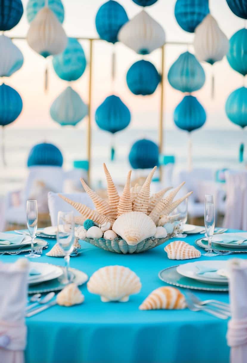 A head table adorned with seashell accents, surrounded by ocean-themed decor