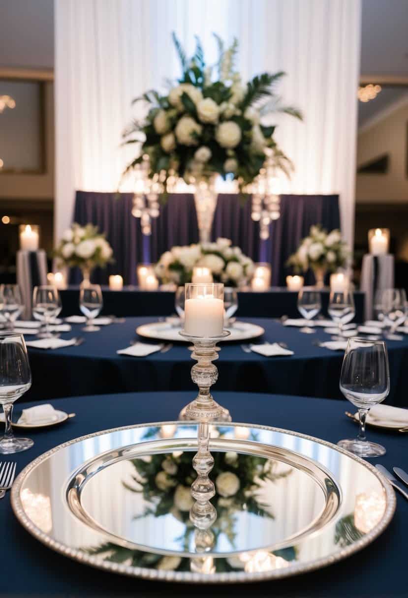 A mirror plate centerpiece reflects a grand head table at a wedding, adorned with unique and elegant decorations