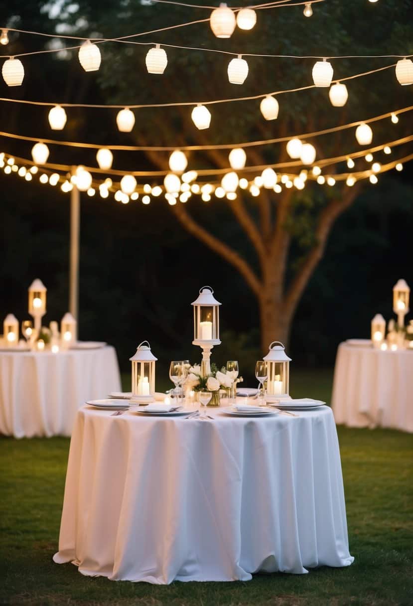 A U-shaped wedding table adorned with LED lantern string lights