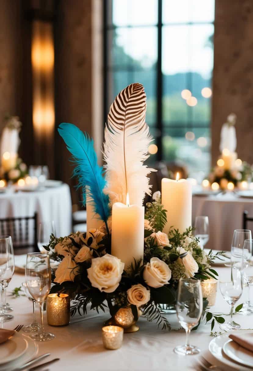 A table adorned with feathers, flowers, and candles creates a unique and elegant wedding centerpiece