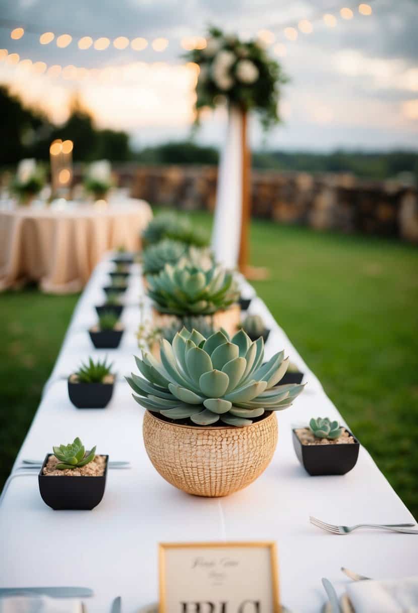 A head table at a wedding adorned with succulent planters in unique and creative designs