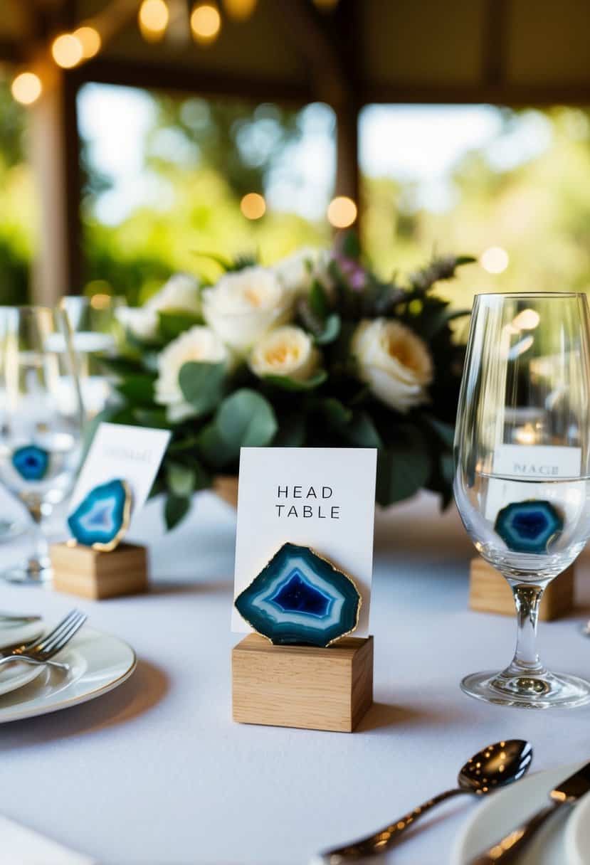 A head table at a wedding adorned with geode place cards, adding a unique and elegant touch to the decor