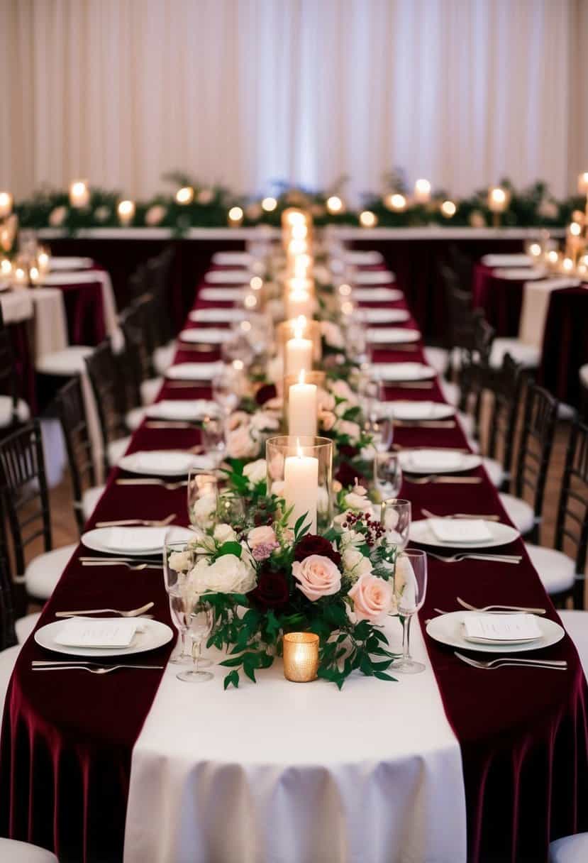 A long, rich velvet tablecloth drapes over a head table, adorned with elegant floral centerpieces and flickering candlelight