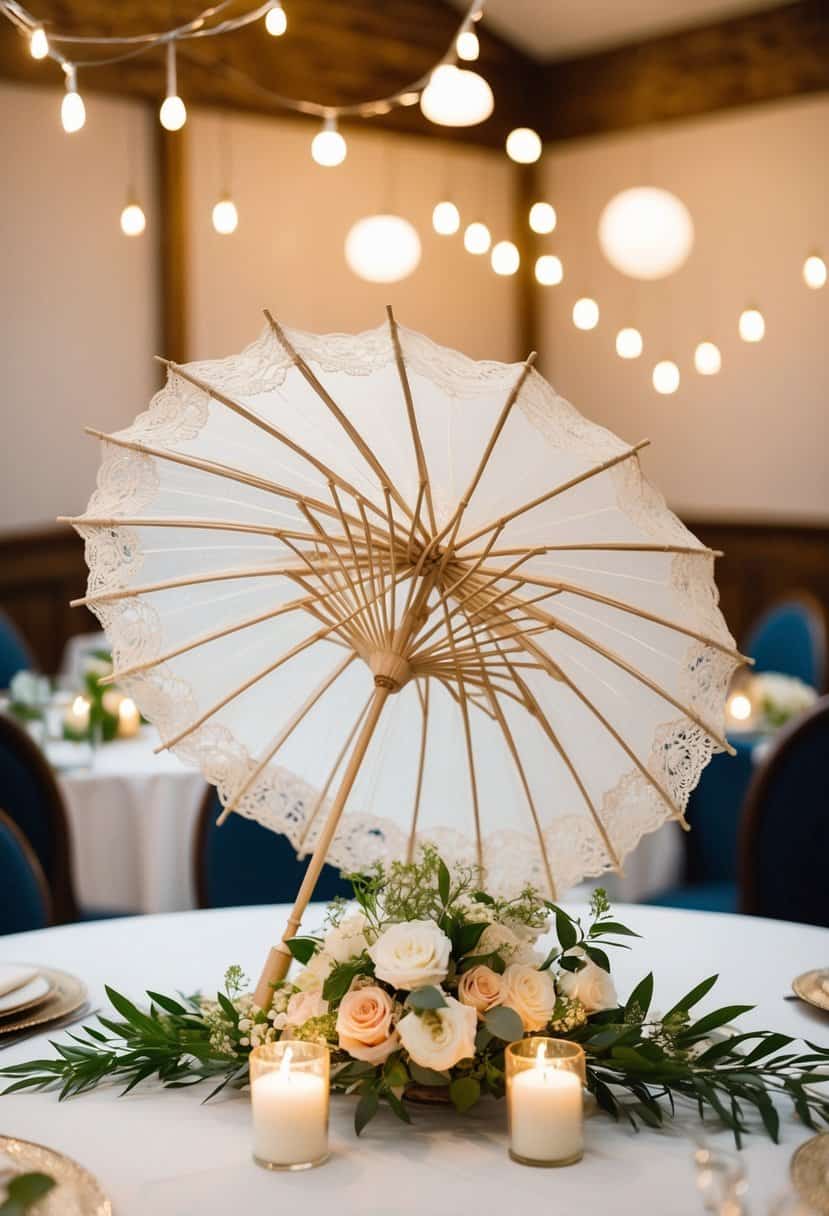 A vintage lace parasol open on a table, adorned with flowers and candles, creating a delicate centerpiece for a wedding reception