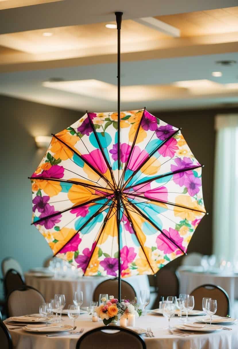 A colorful floral umbrella hangs upside down from the ceiling, serving as a unique and whimsical table decoration for a wedding