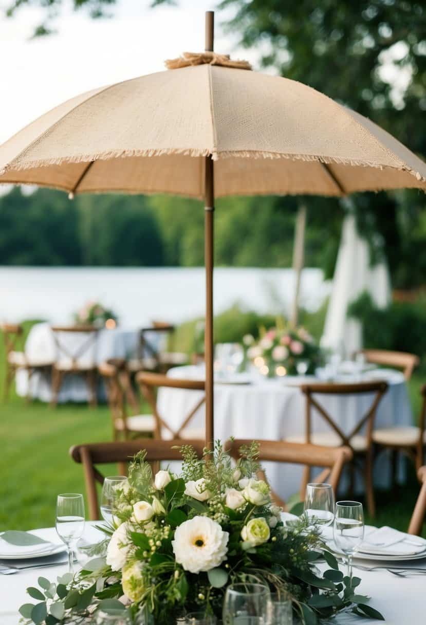 A rustic burlap umbrella stand adorned with flowers and greenery, serving as a charming wedding table decoration