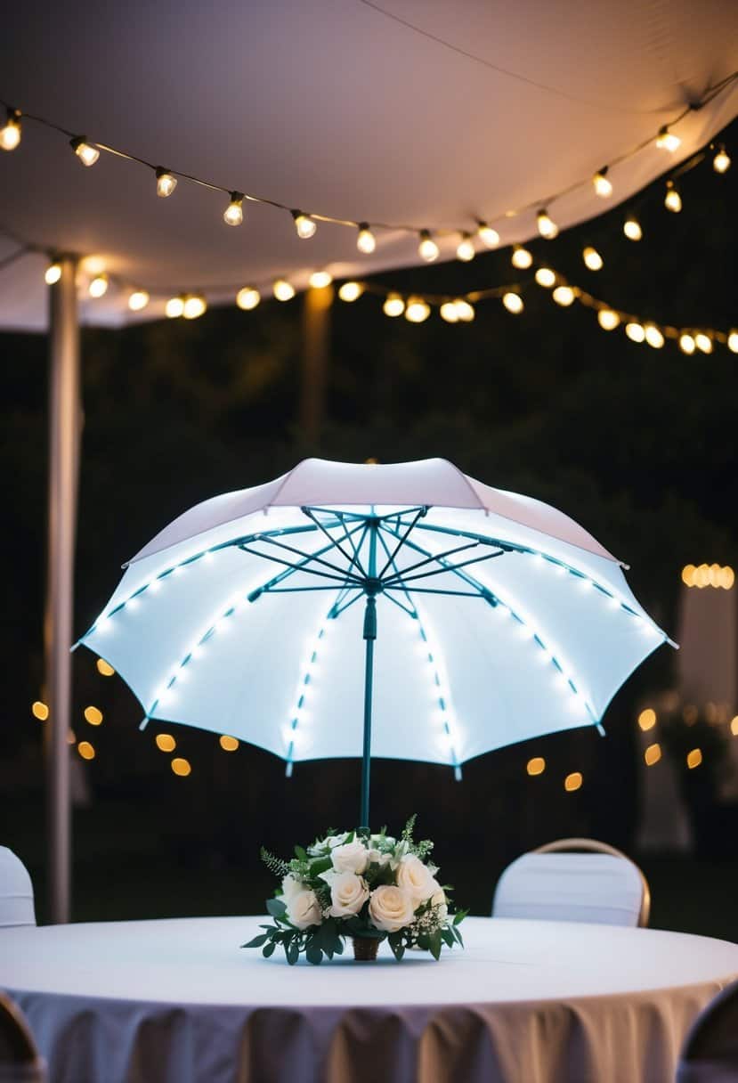 An LED light-up umbrella sits atop a wedding table, casting a soft glow over the surrounding decor