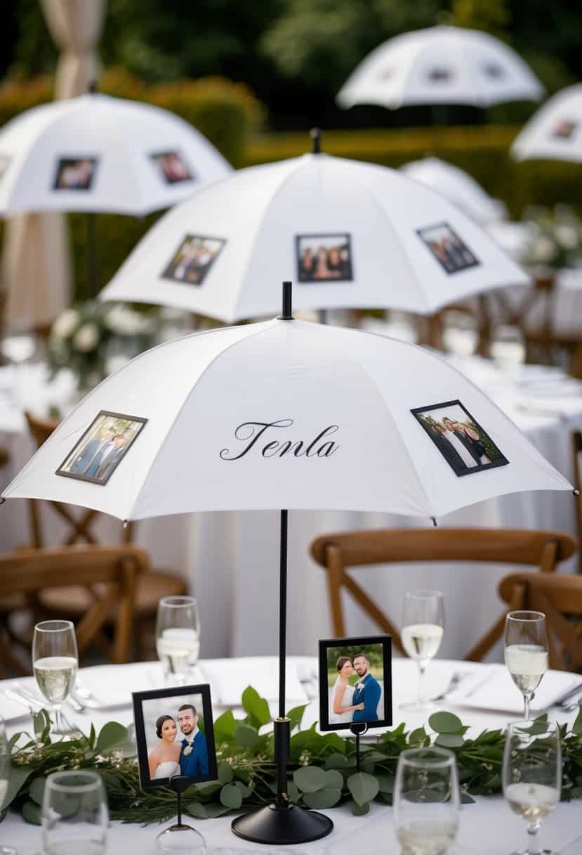 A table adorned with personalized photo umbrellas in a wedding setting