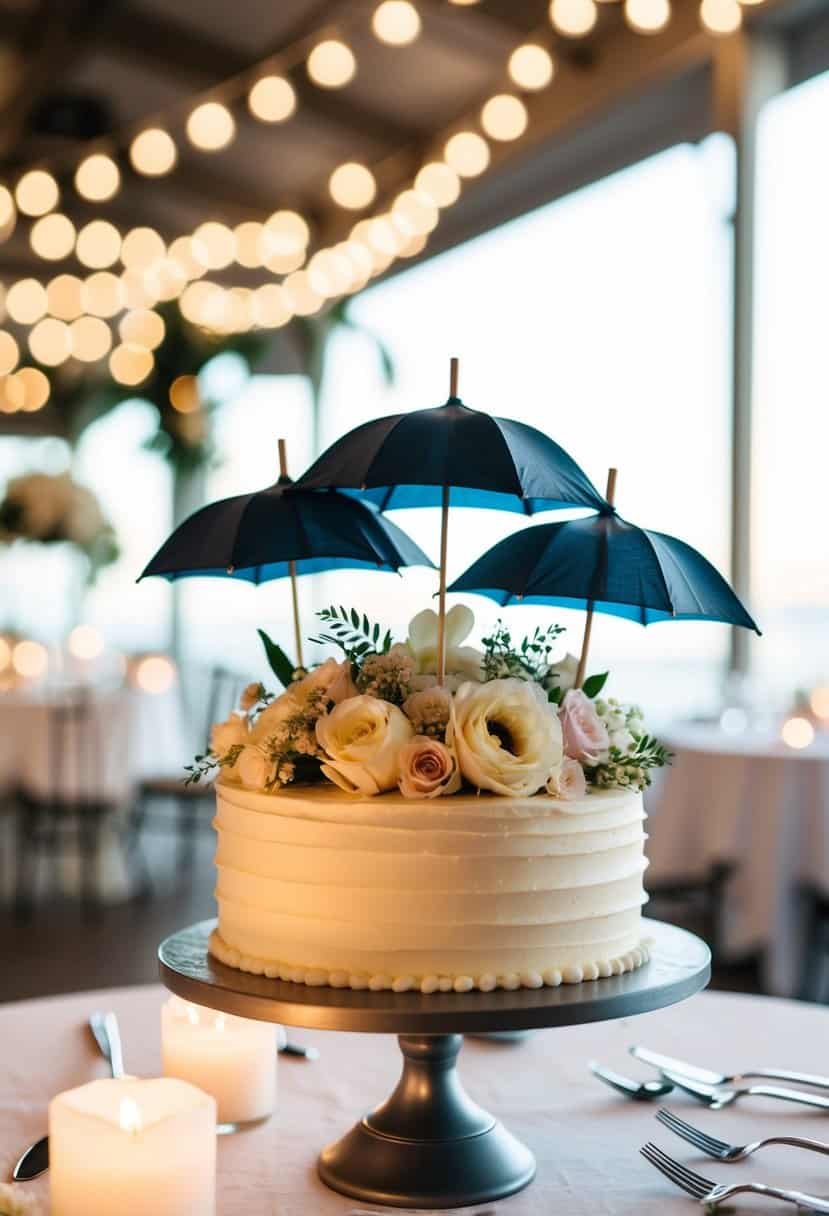 Miniature umbrella cake toppers arranged on a wedding table with delicate floral decorations and soft candlelight