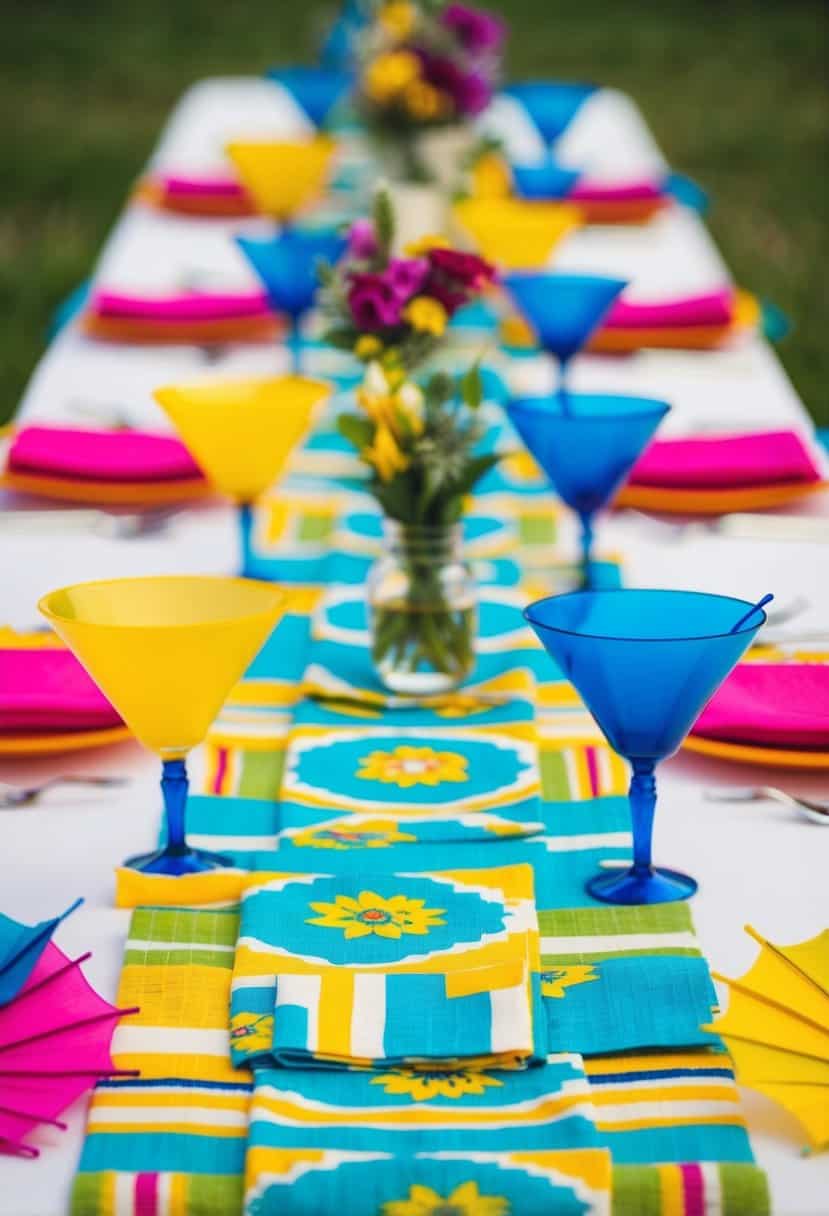 Bright, patterned placemats with colorful cocktail umbrellas arranged as table decorations for a wedding celebration