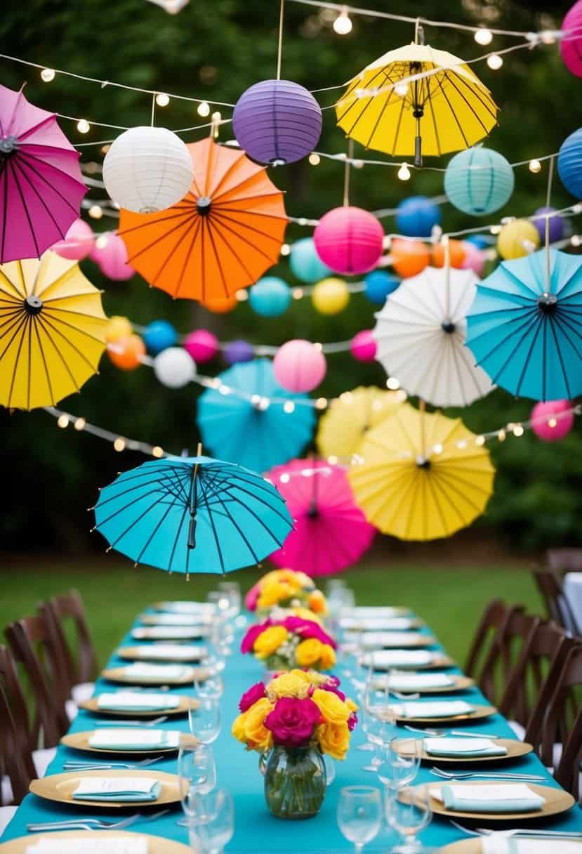 A festive table adorned with paper umbrella garlands in various colors, creating a whimsical and vibrant wedding decoration