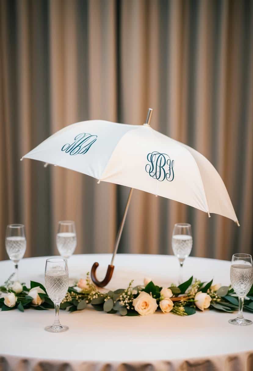 A monogrammed silk umbrella rests on a wedding table, adorned with delicate floral decorations
