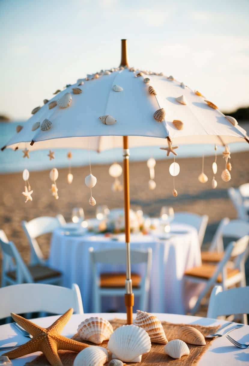 A seaside-themed umbrella adorned with shells and starfish, serving as a unique wedding table decoration