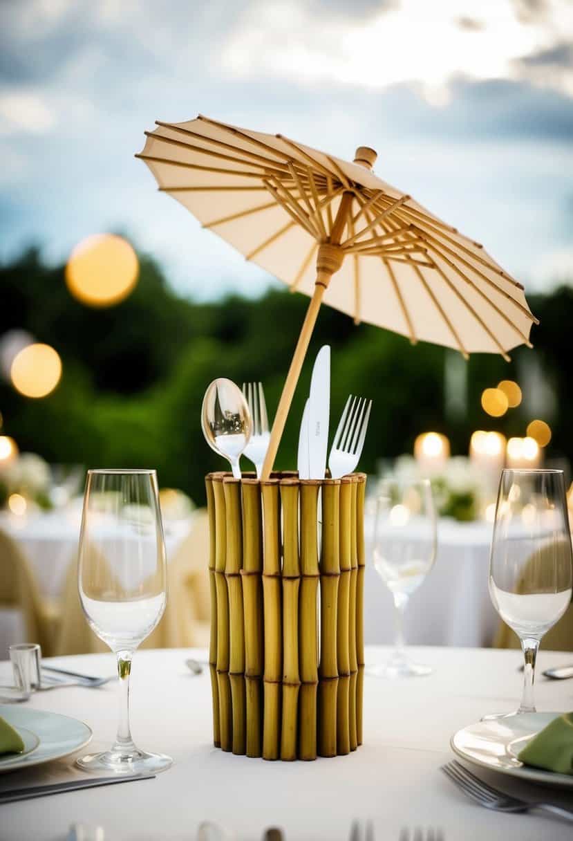 A bamboo umbrella cutlery holder adorns a wedding table, adding a touch of elegance and creativity to the decor