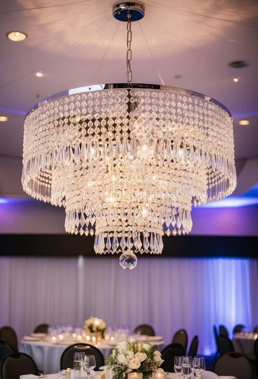 A crystal beaded umbrella chandelier hangs above a wedding table, casting shimmering light and adding a touch of elegance to the decor