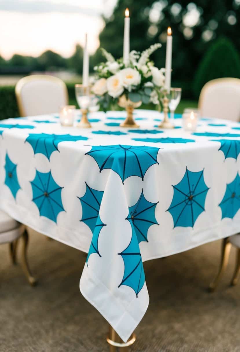 An Art Deco umbrella print tablecloth adorns a wedding table, with elegant table decorations surrounding it