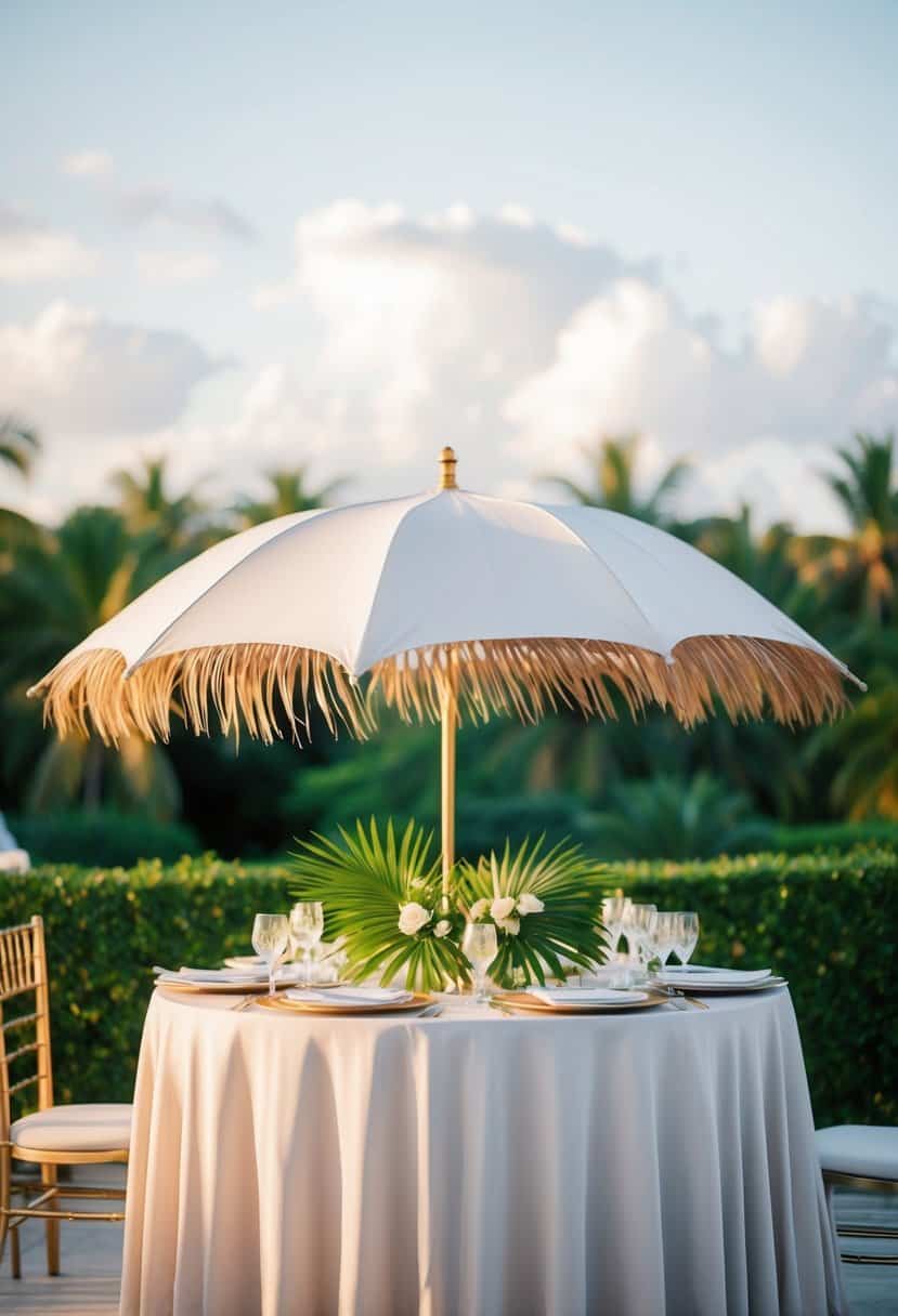 A tropical palm umbrella covers a wedding table, serving as a decorative centerpiece